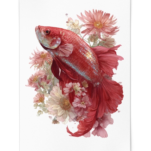 Watercolor Betta Fish with Flowers Wall Art Print Unframed - Enchanting Aquatic - Picture 2 of 6